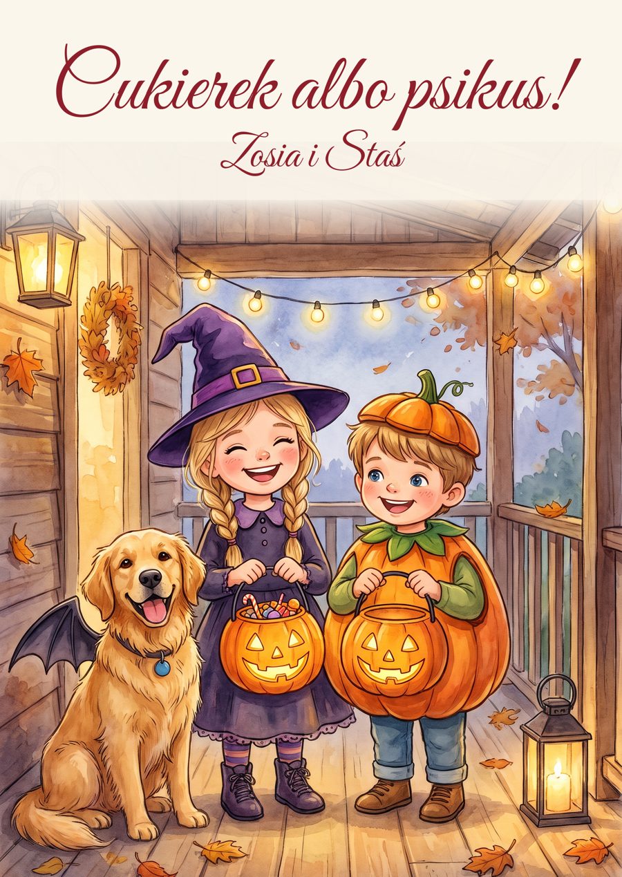 Kartka na Halloween: dzieci przebrane za czarownicę i dynię z psem