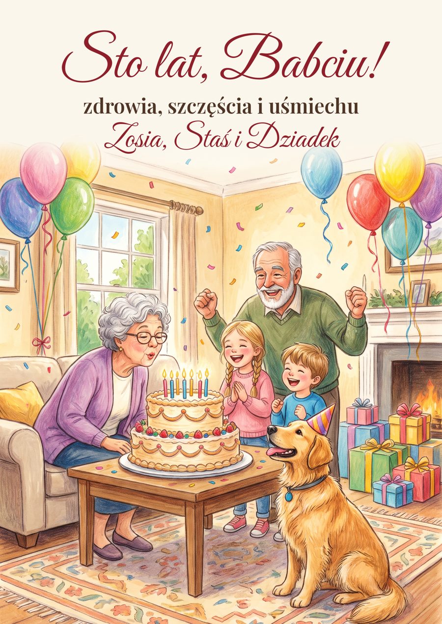 Kartka urodzinowa: babcia zdmuchuje świeczki na torcie w otoczeniu rodziny